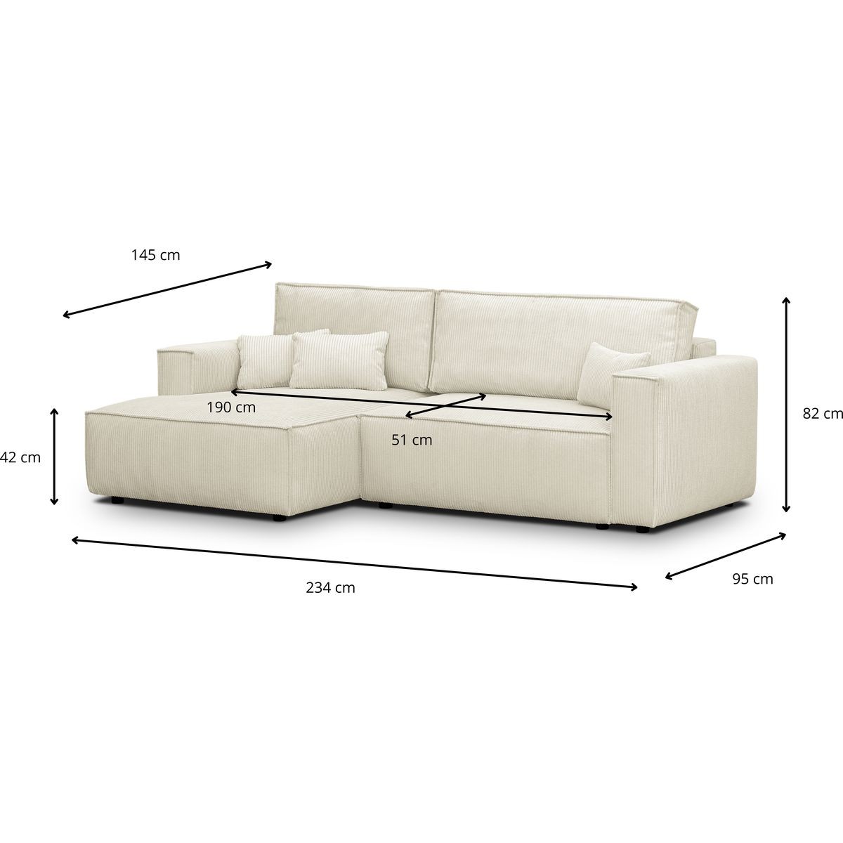 Canapé d'angle à gauche convertible 3 places en velours côtelé - ASTI beige, HOMIFAB