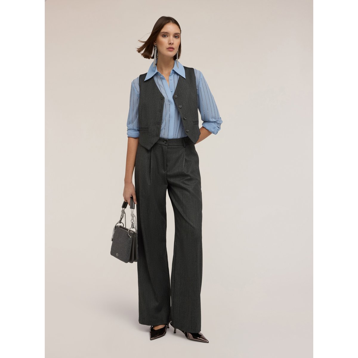 Pantalon palazzo en fil teint gris, MOTIVI