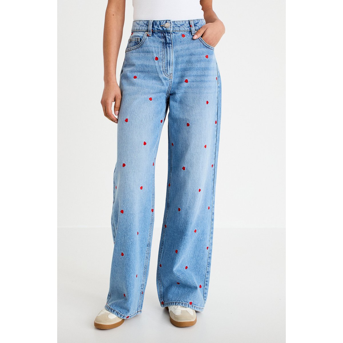 Jean wide leg taille haute brodé denim double stone, CACHE CACHE
