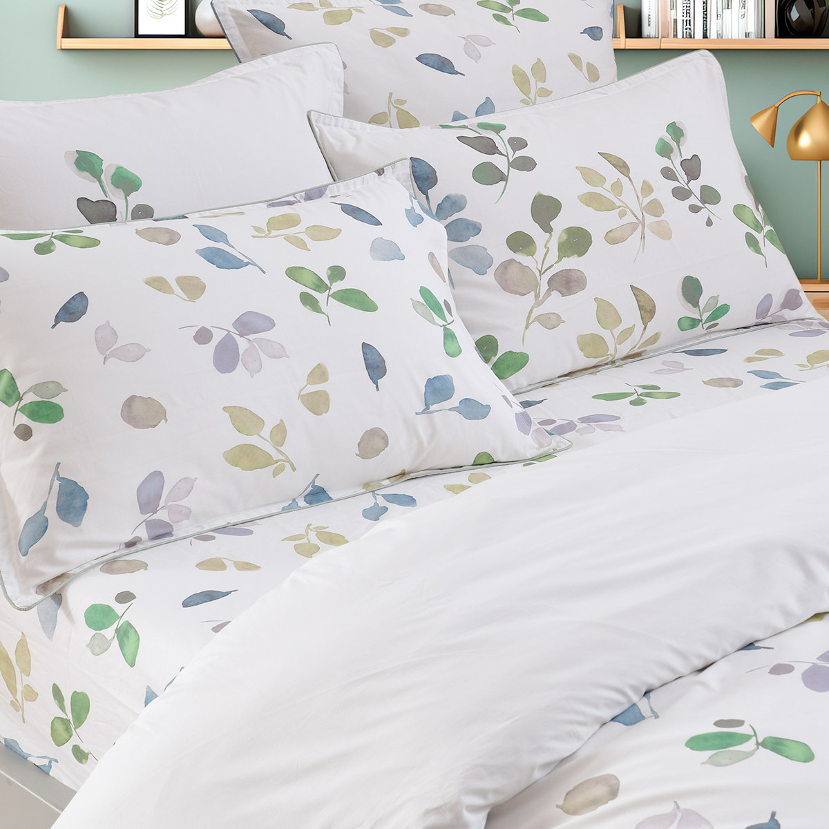 Parure housse de couette percale de coton avec 2 taies 50x70 cm BARBARA eucalyptus, SENSEI MAISON