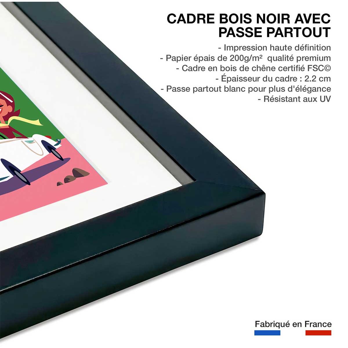 Poster sur la route des chateaux de la loire affiche + cadre en bois - noir, HEXOA