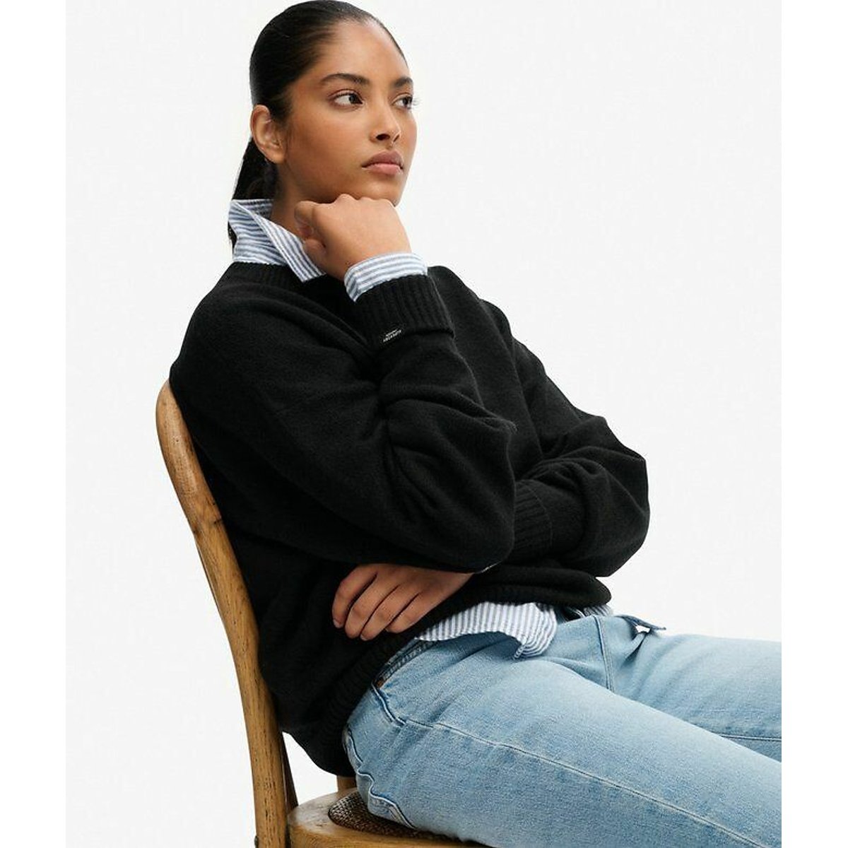 Pull col rond ample noir, SUPERDRY
