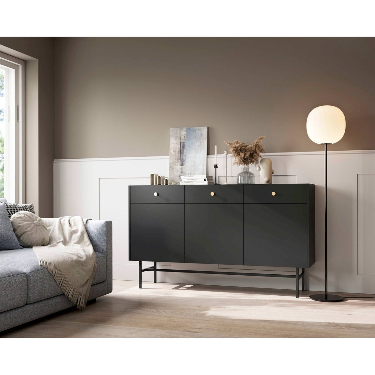 Buffet 3 portes avec tiroirs DIVENOS noir mat, RECOLLECTION