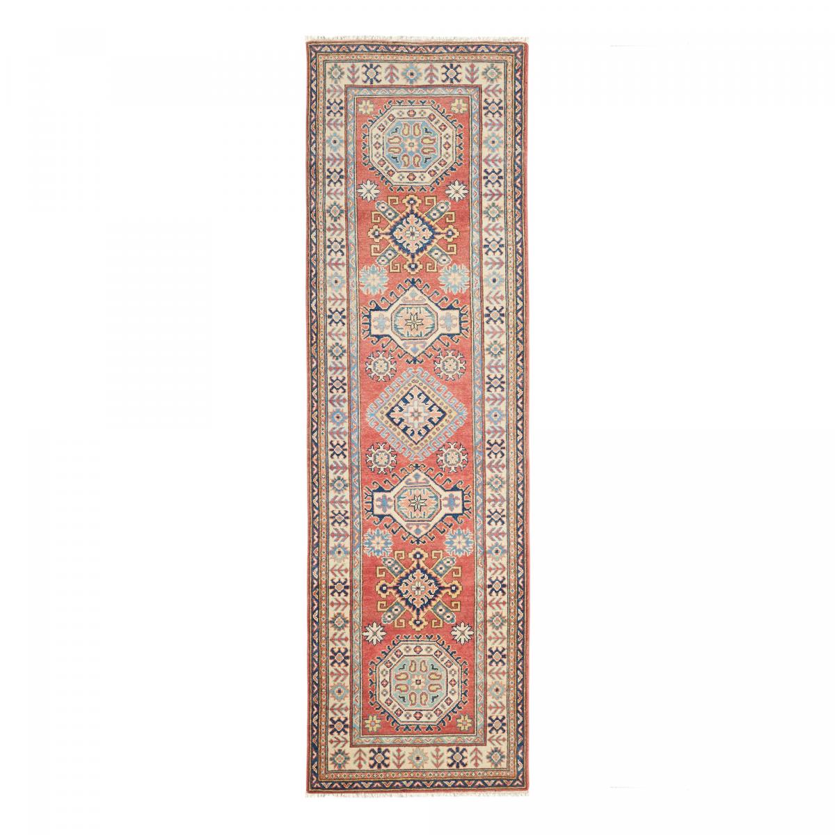 Tapis salon géométrique, noué main en laine, KAZAK CO 54 rouge, beige, bleu, UN AMOUR DE TAPIS
