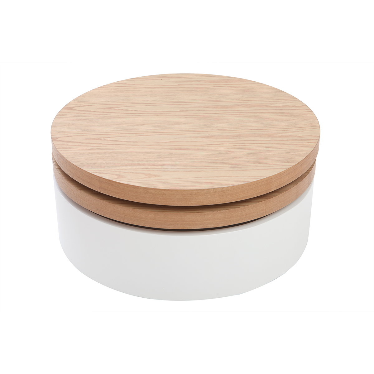Table basse ronde avec plateaux pivotants et rangement blanc et bois clair chêne D80 cm ICON bois clair / blanc, MILIBOO