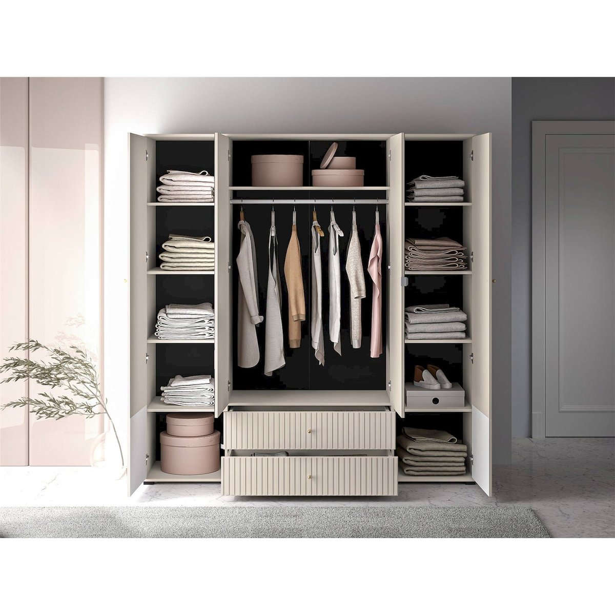 Armoire CALETTO à miroir et portes rainurées cachemire beige avec poignées dorées, RECOLLECTION