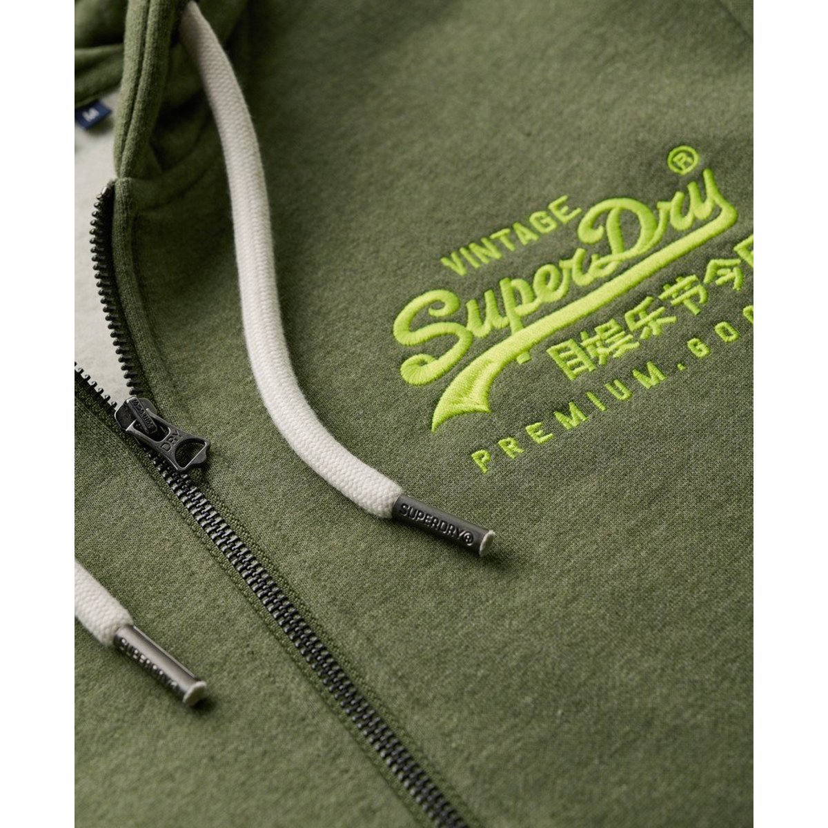 Sweat à capuche zippé à motif Neon Vintage Logo vert olive doux chiné, SUPERDRY