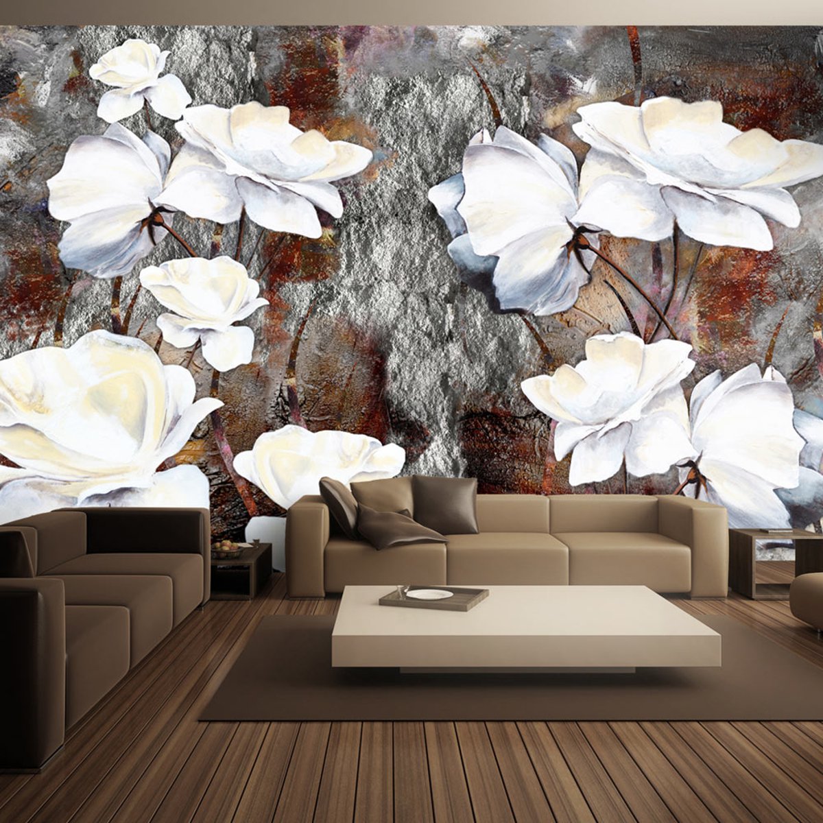 Papier peint intissé panoramique Fleurs Gestes timides blanc, EDEN