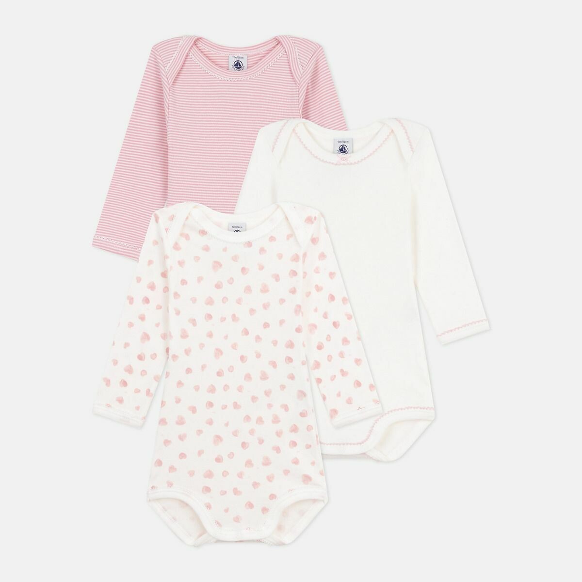 Lot de 3 bodies manches longues rose + blanc, PETIT BATEAU
