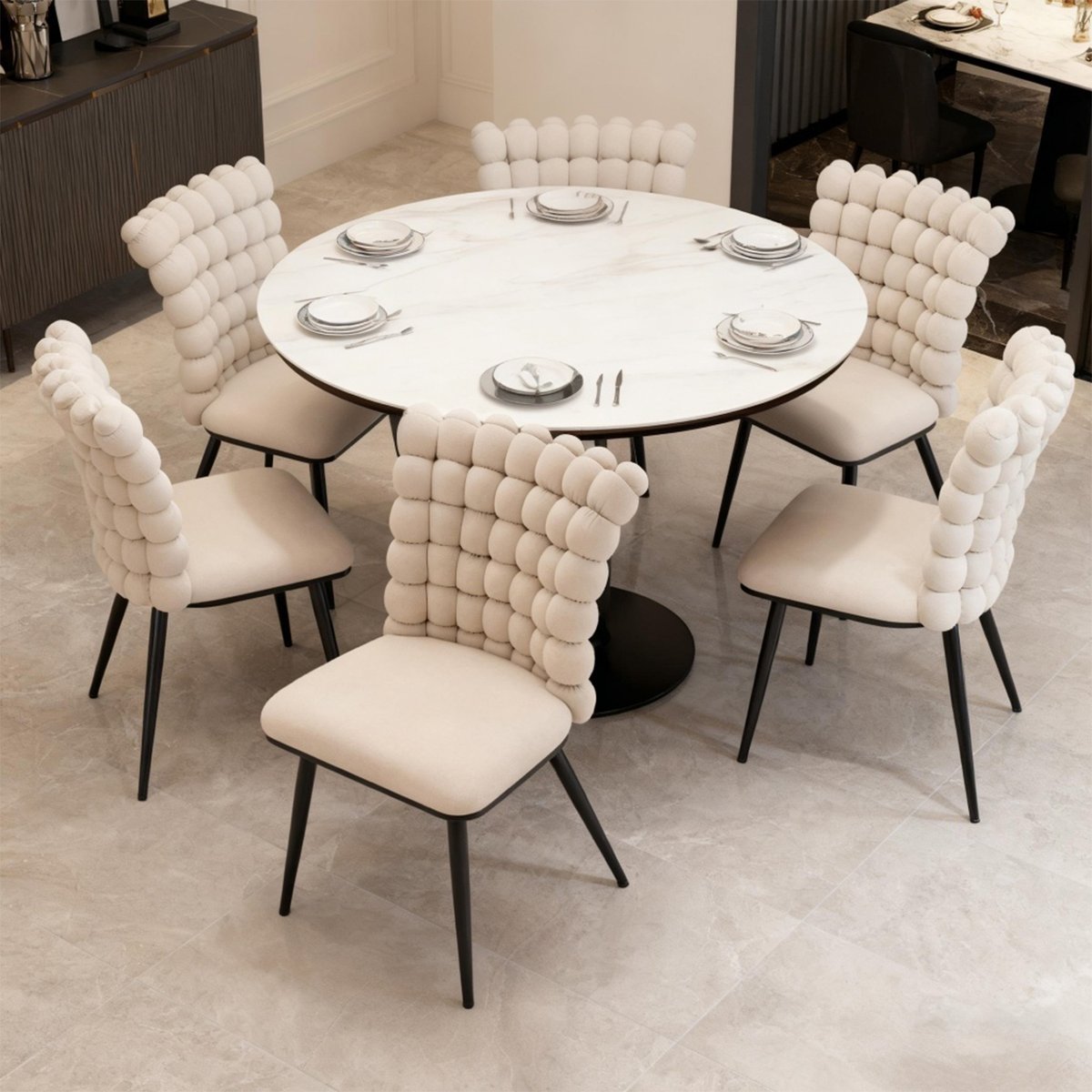 Lot de 6 chaises de salle à manger en velours avec pieds métal, BOBBI beige, MEUBLES COSY