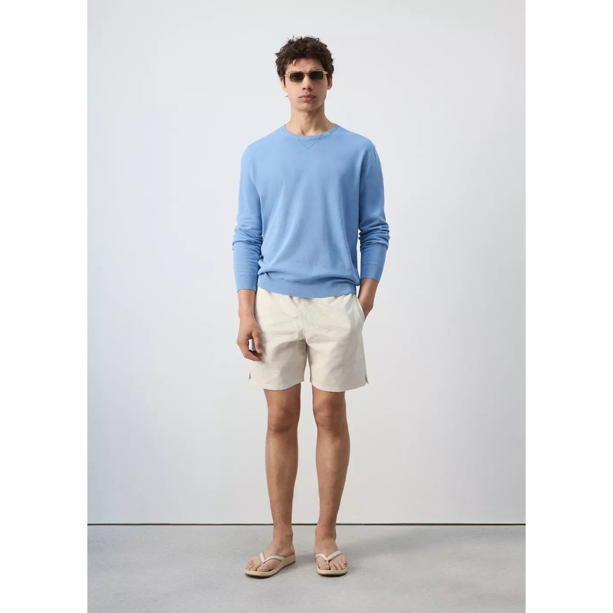 Pull-over 100 % coton maille fine bleu porcelaine, MANGO MAN