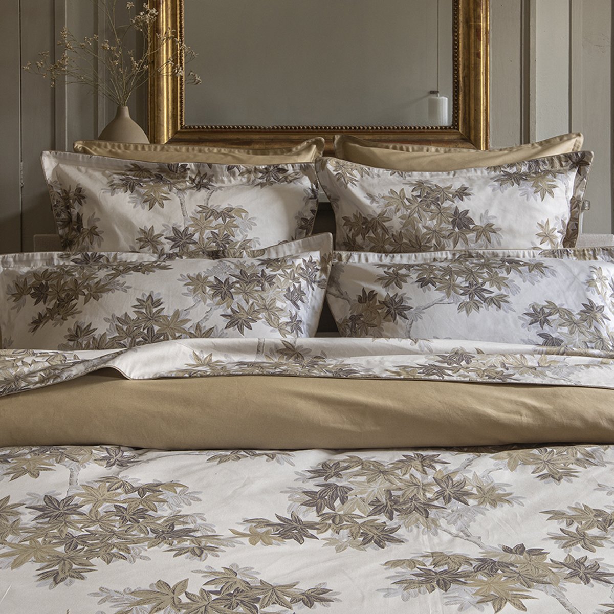 Drap plat imprimé en satin de coton bio, HALATTE beige désert, ALEXANDRE TURPAULT