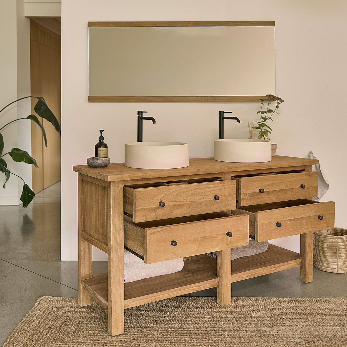Meuble sous vasque en teck recyclé massif 150 cm NAHELE naturel, BERAH GETAH
