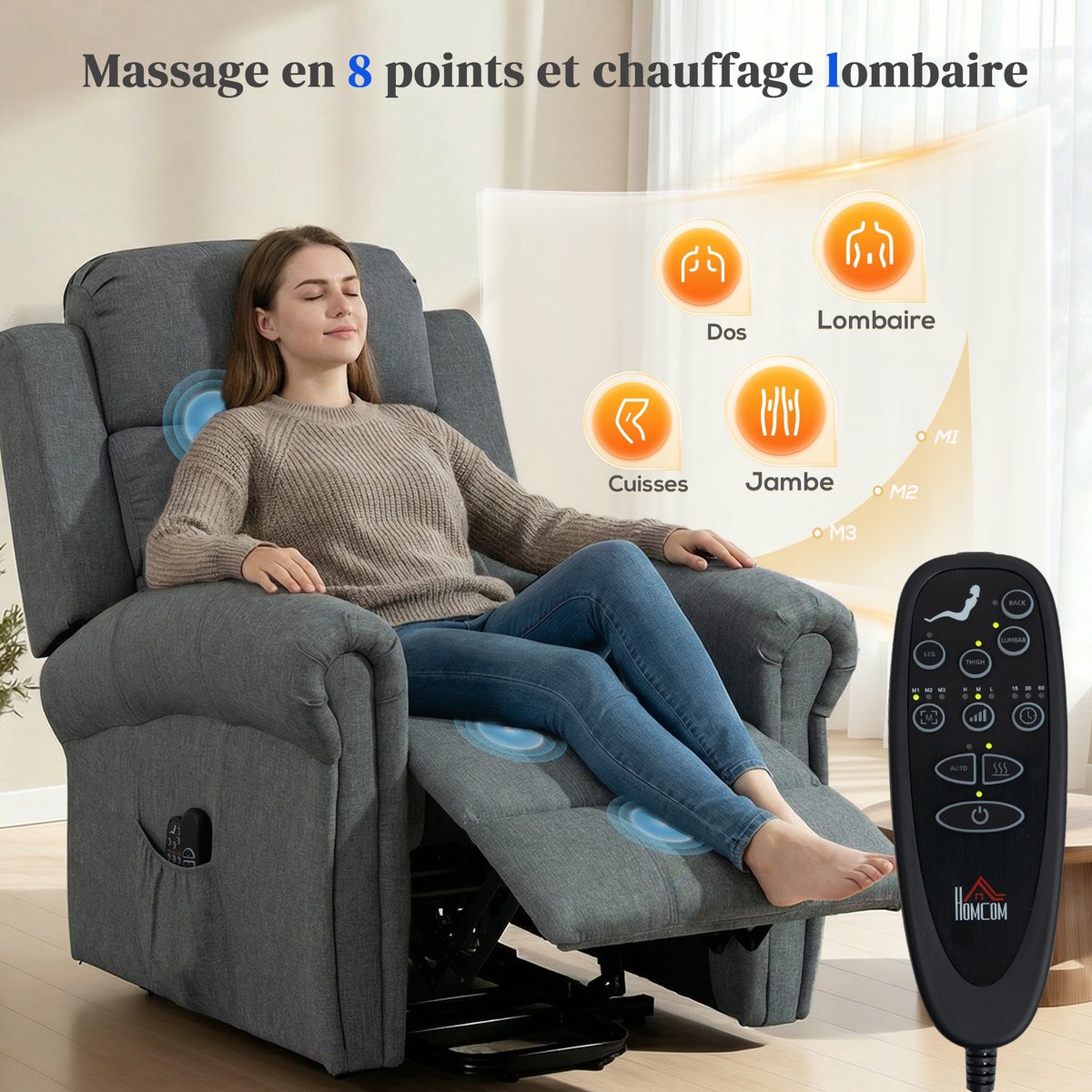 Fauteuil releveur multifonctionnel Lin (100% gris, HOMCOM