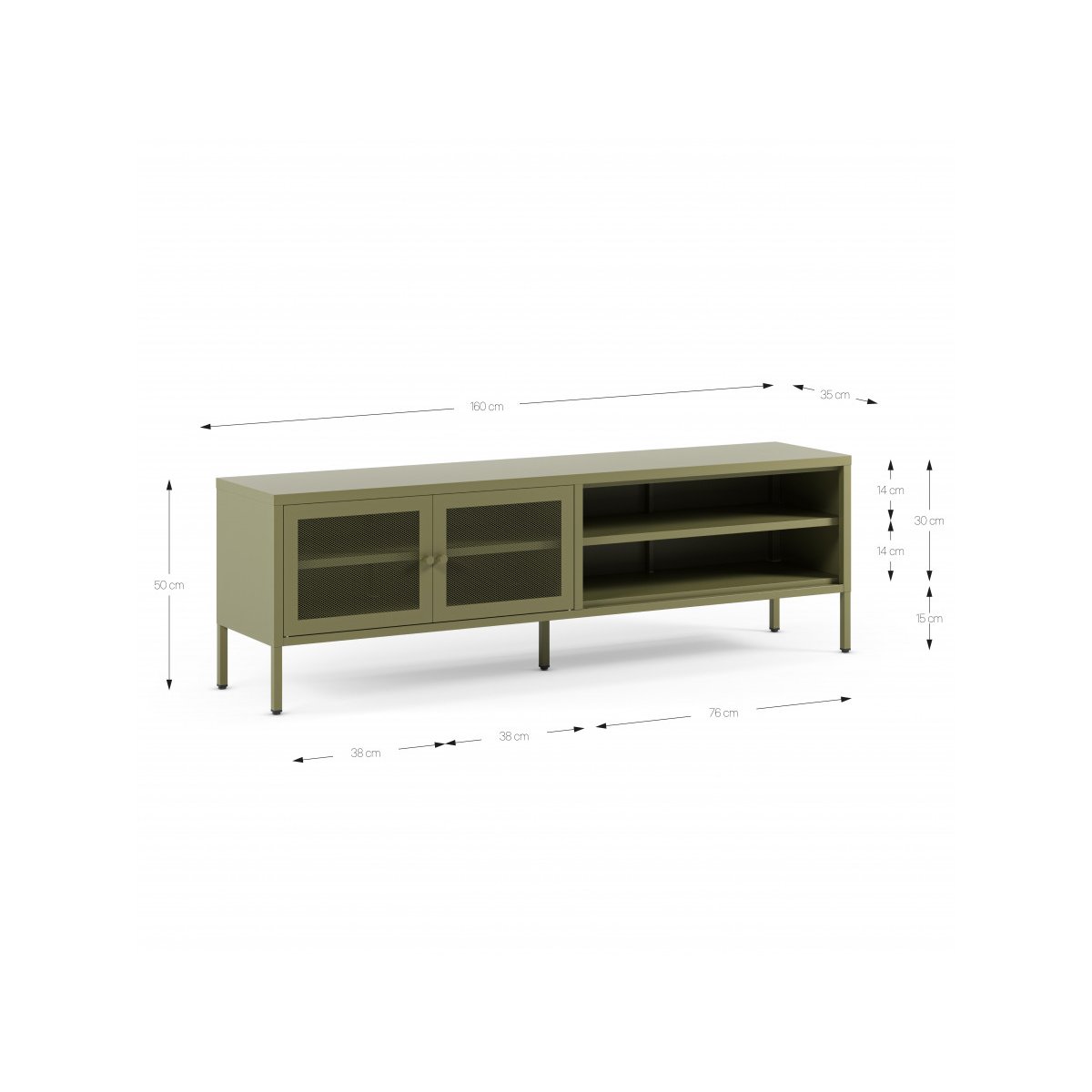 Meuble TV 160 cm métal, CLARA vert, BOBOCHIC