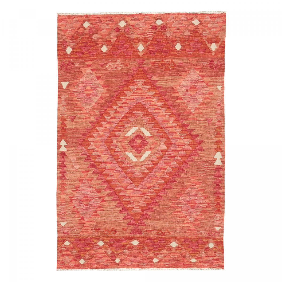 Tapis kilim géométrique, tissé plat en laine, KILIM 33 rouge, orange, rose, UN AMOUR DE TAPIS