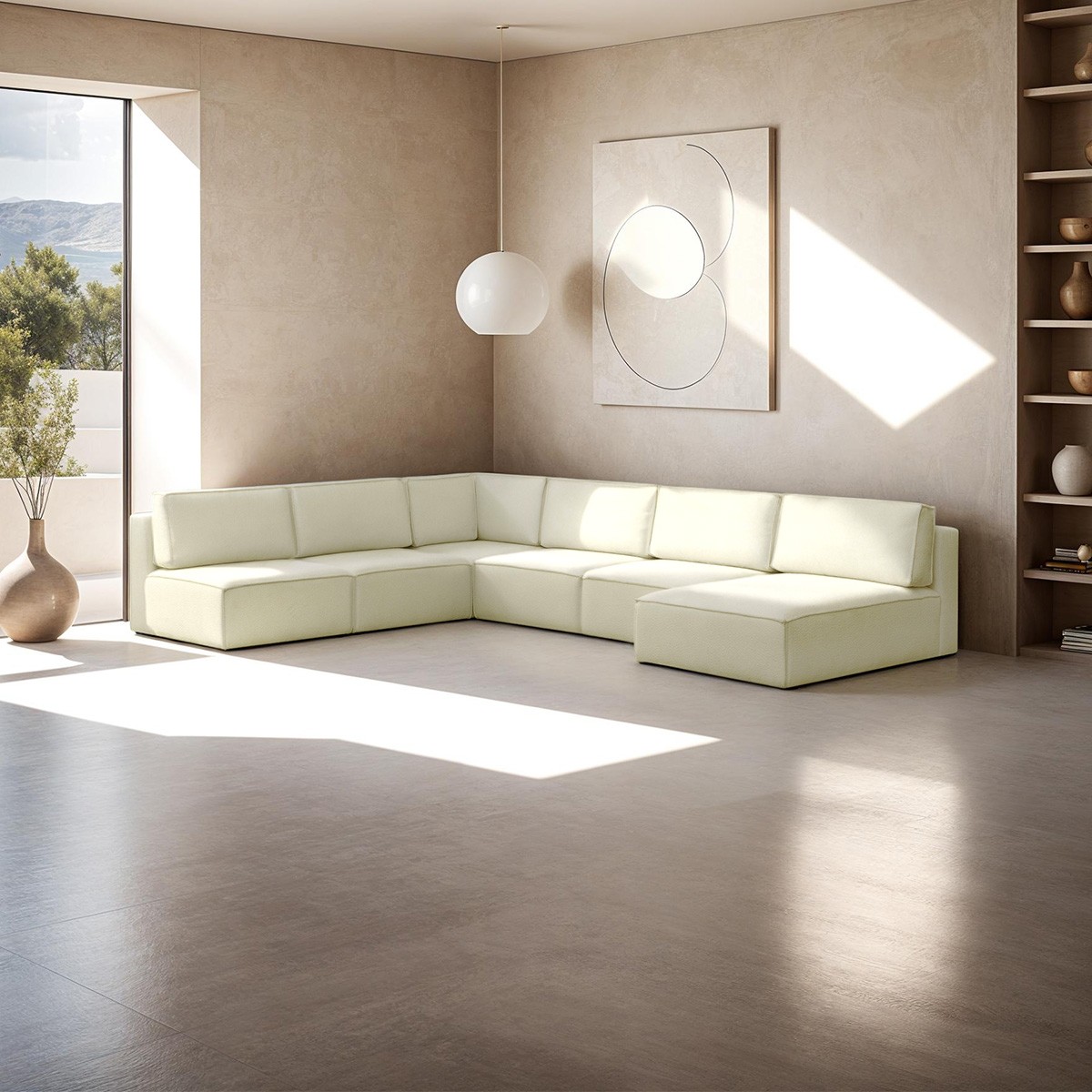 Canapé d'angle droit convertible 9/10 places en tissu bouclé - Harper Mod beige, HOMIFAB