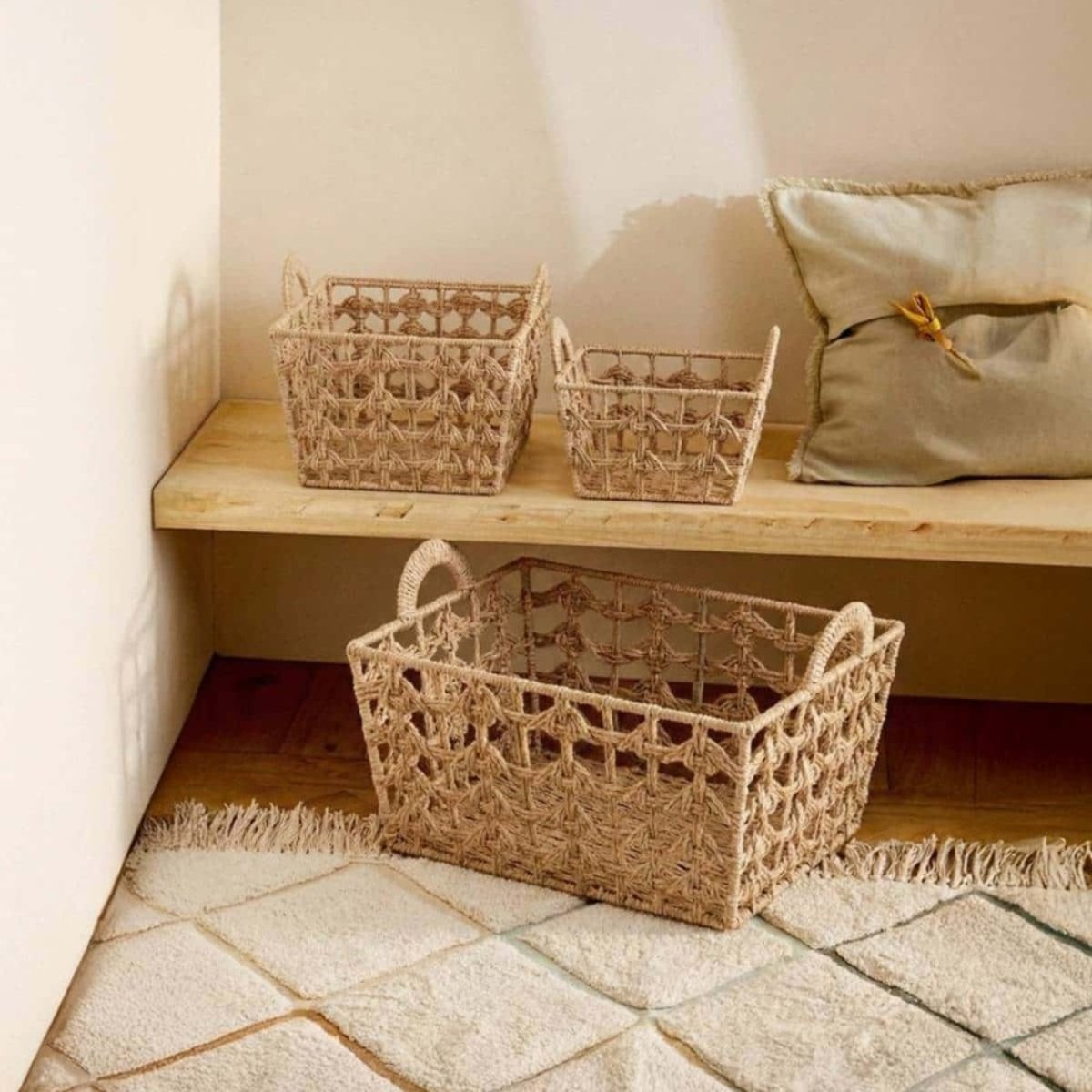 Panier tressé naturel avec poignées 30x30cm beige, ORNAMI