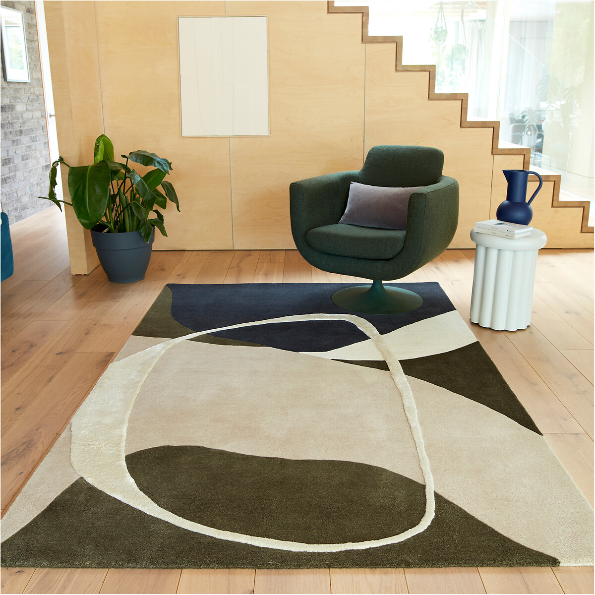 Abstract Asymetrical Carved Rug in 100% Wool moss green, ÉDITÉ