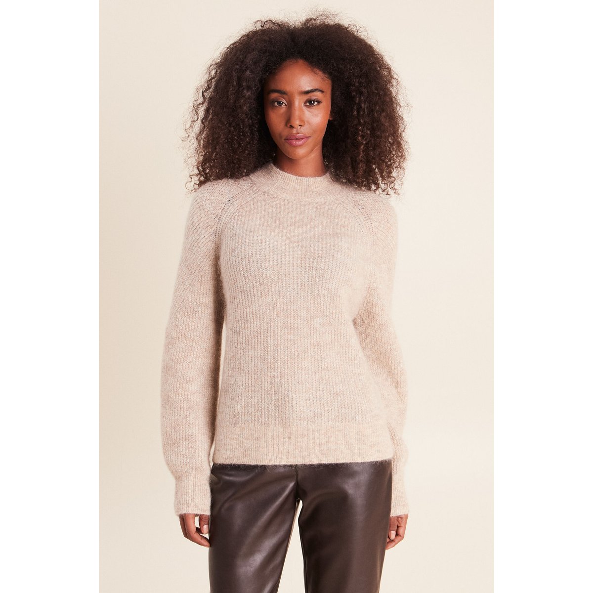 Pull droit col montant manches longues beige, BREAL