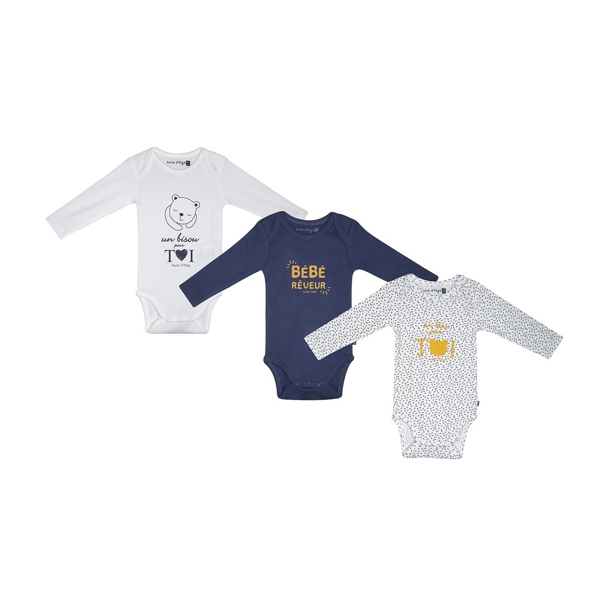 Lot de 3 bodies maidi manches longues bleu, SUCRE D'ORGE