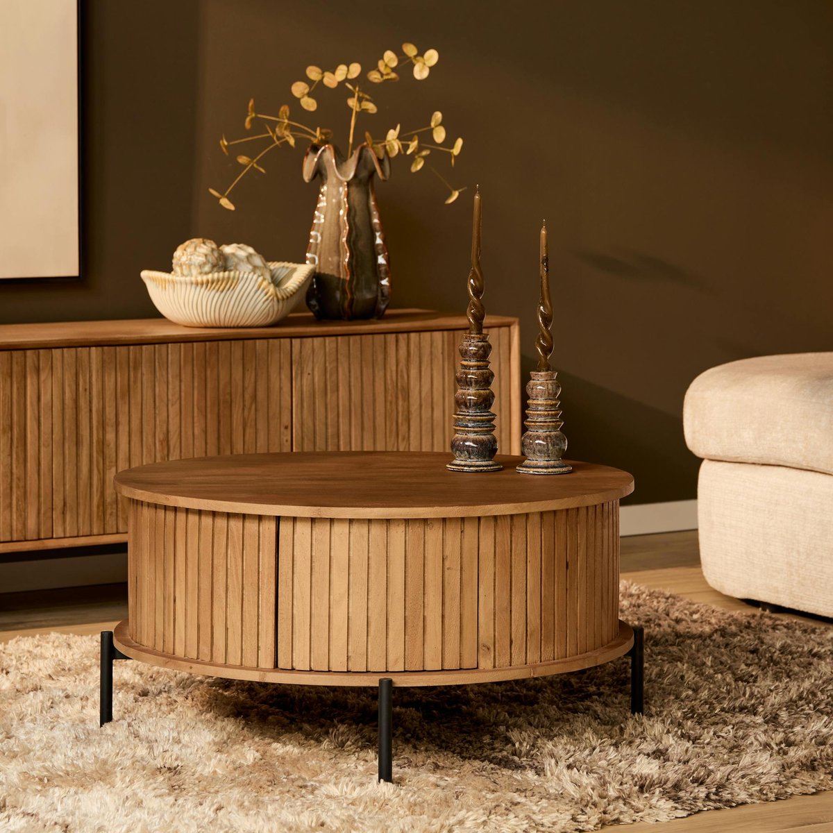 Table basse ronde 2 tiroirs CORTINA bois, PIER IMPORT