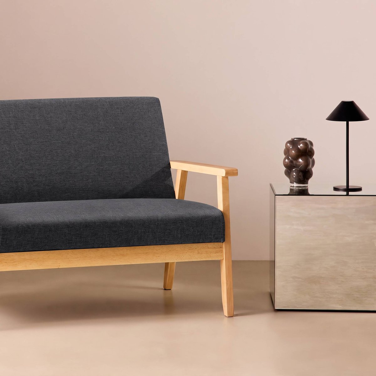 Canapé banquette 2 places bois d'hévéa tissu ISAK gris clair, SWEEEK