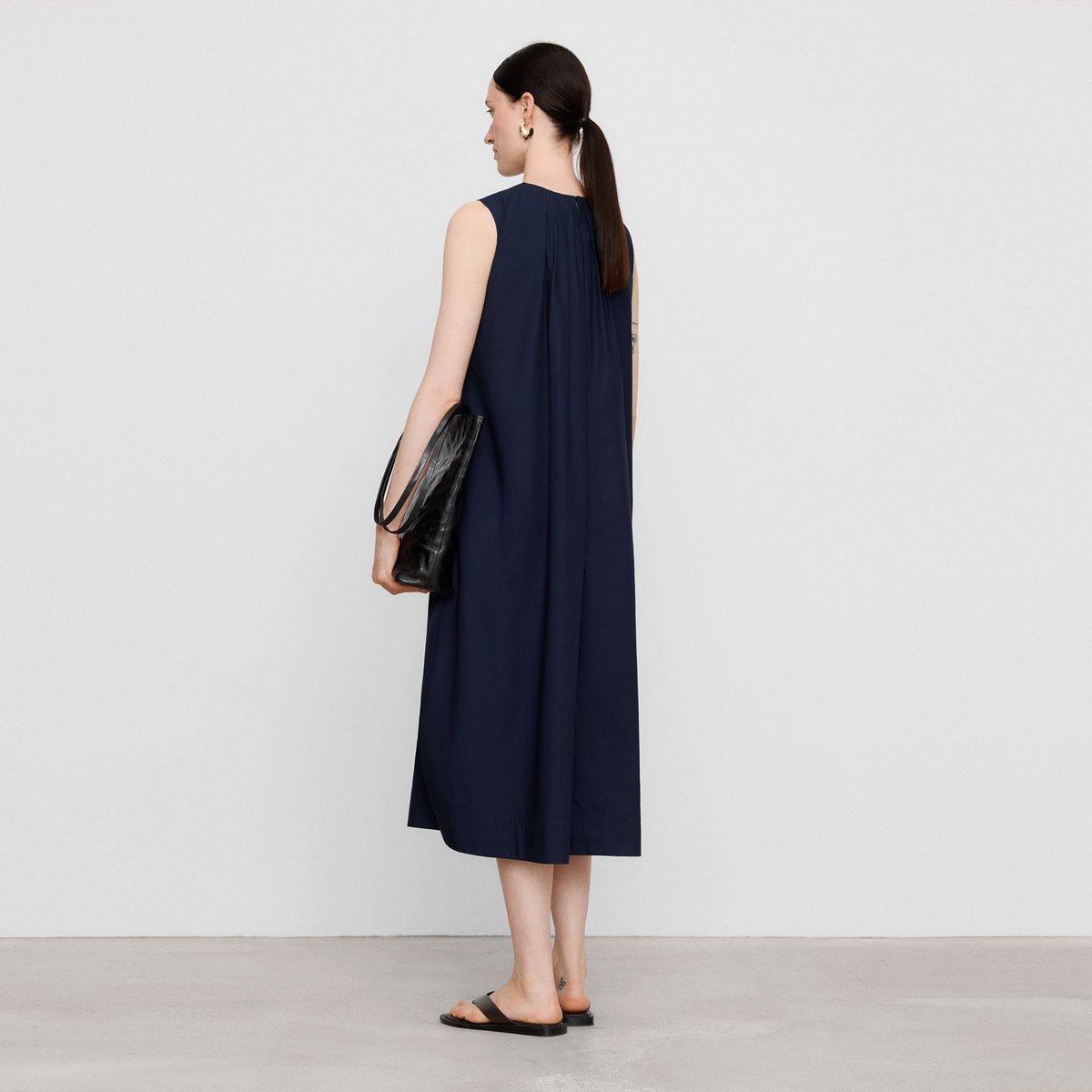 Robe en coton biologique à silhouette ballon bleu marine, ADOLFO DOMINGUEZ