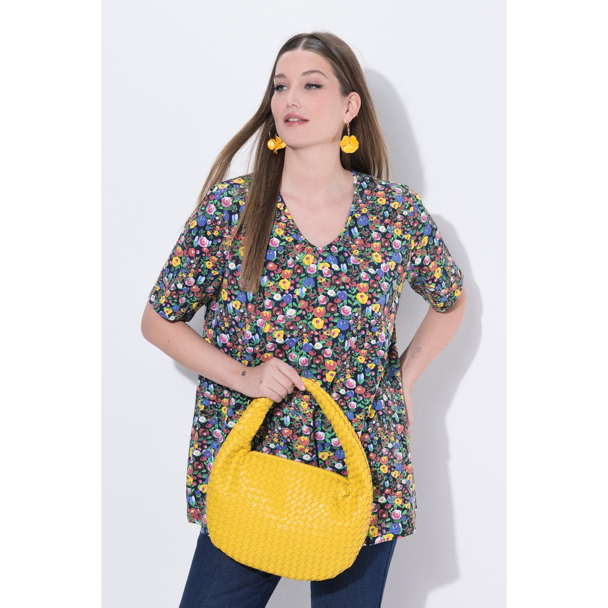 T-shirt motif floral, coupe évasée marine, ULLA POPKEN