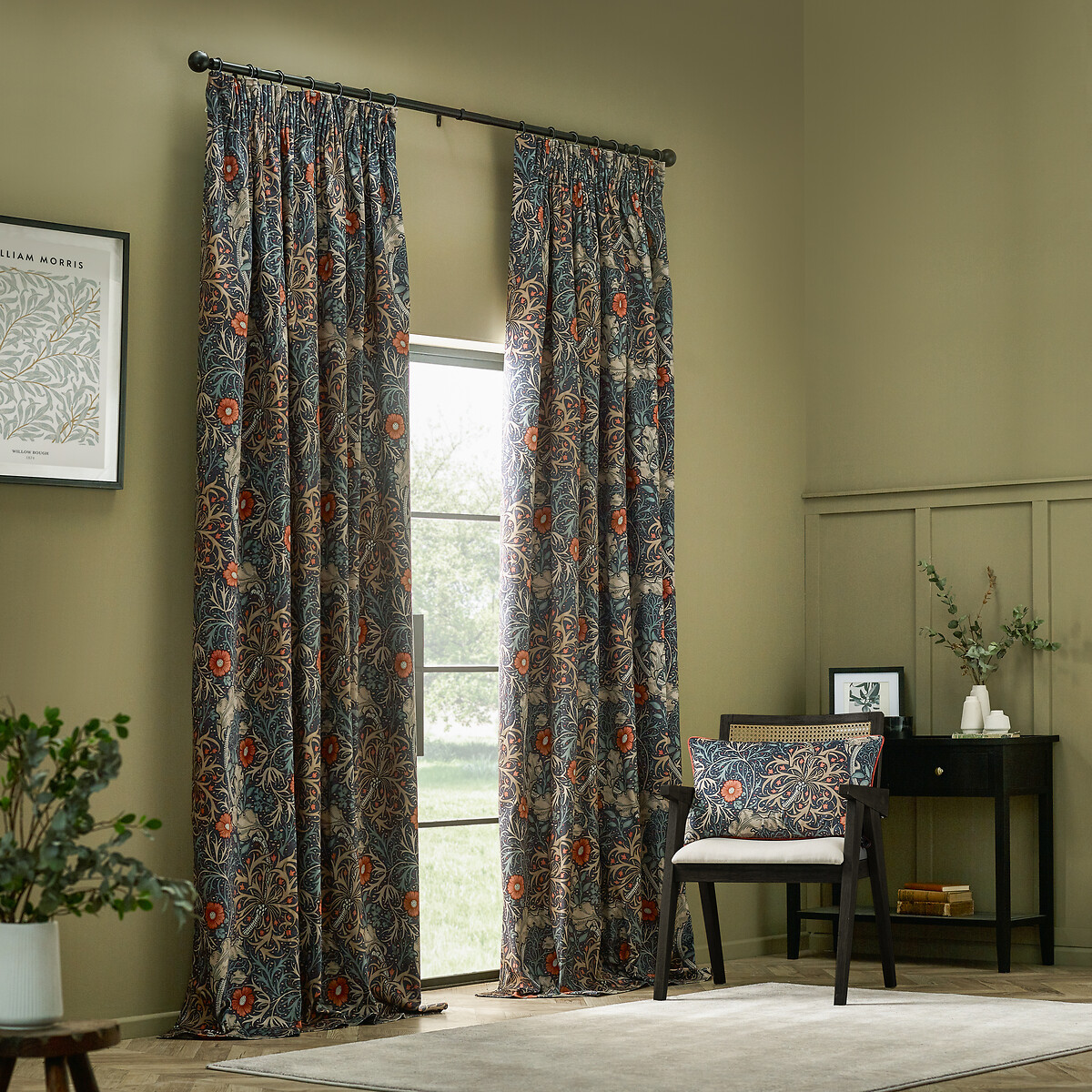 Seaweed Matt Velvet Pencil Pleat Curtains indigo, MORRIS & CO.