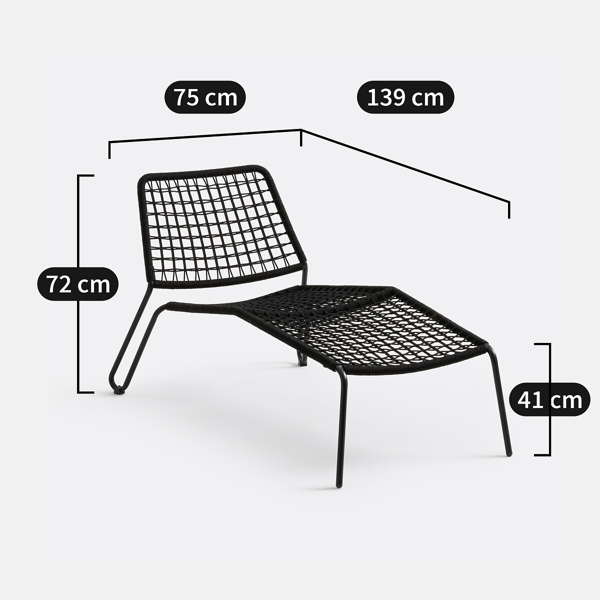 Chaise longue métal acier et corde tressée, Masix noir, LA REDOUTE INTERIEURS