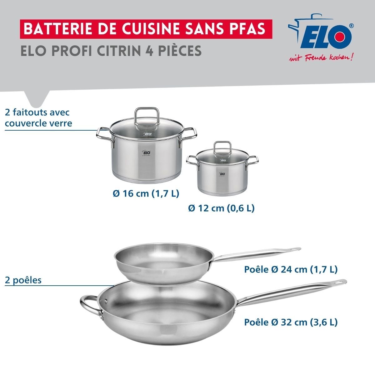 Batterie 2 poêles 24/32cm + 2 faitouts 12/16cm PROFI CITRIN gris, ELO