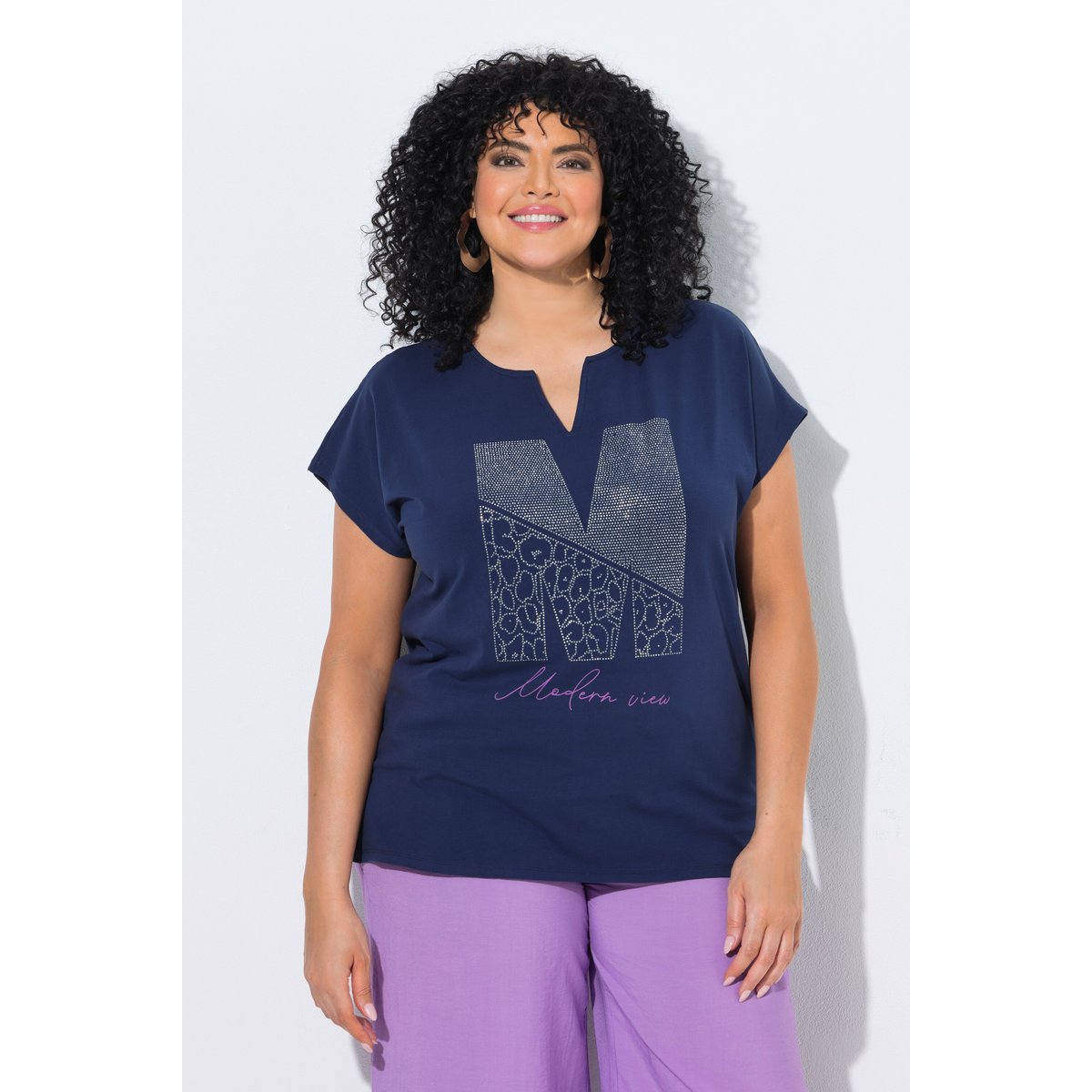 T-shirt oversize, petits strass fantaisie marine, ULLA POPKEN