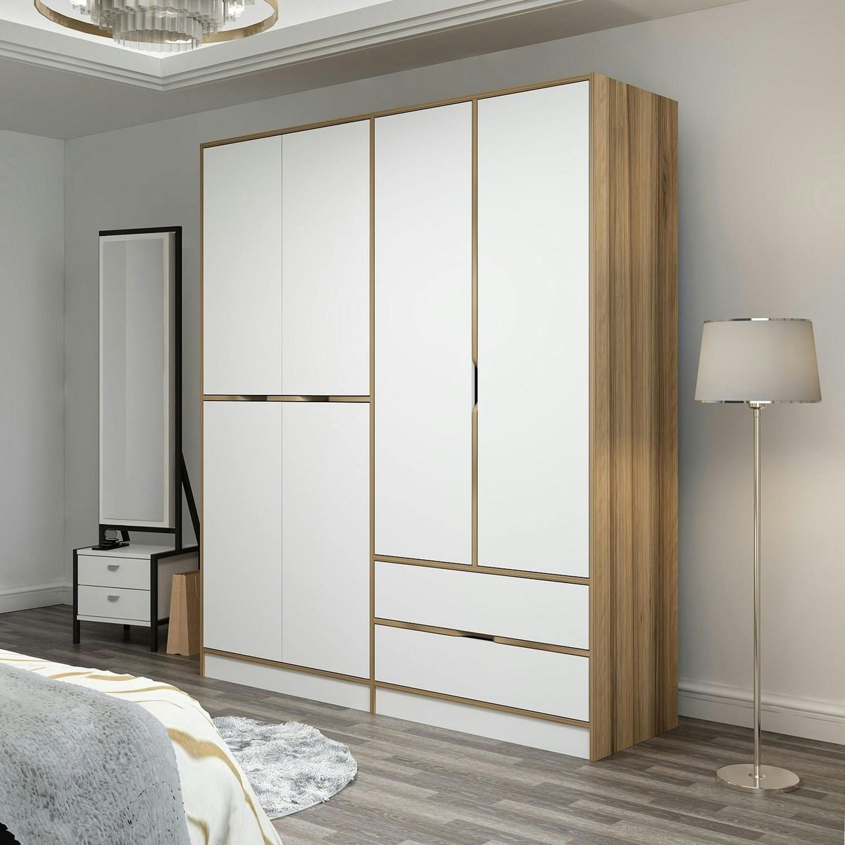Armoire penderie 6 portes, 2 tiroirs BYRON blanc, PIER IMPORT