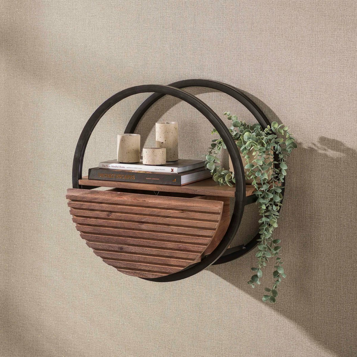 Etagère murale ronde bois d'acacia foncé 1 tiroir Ø50 cm NAKO marron, PIER IMPORT