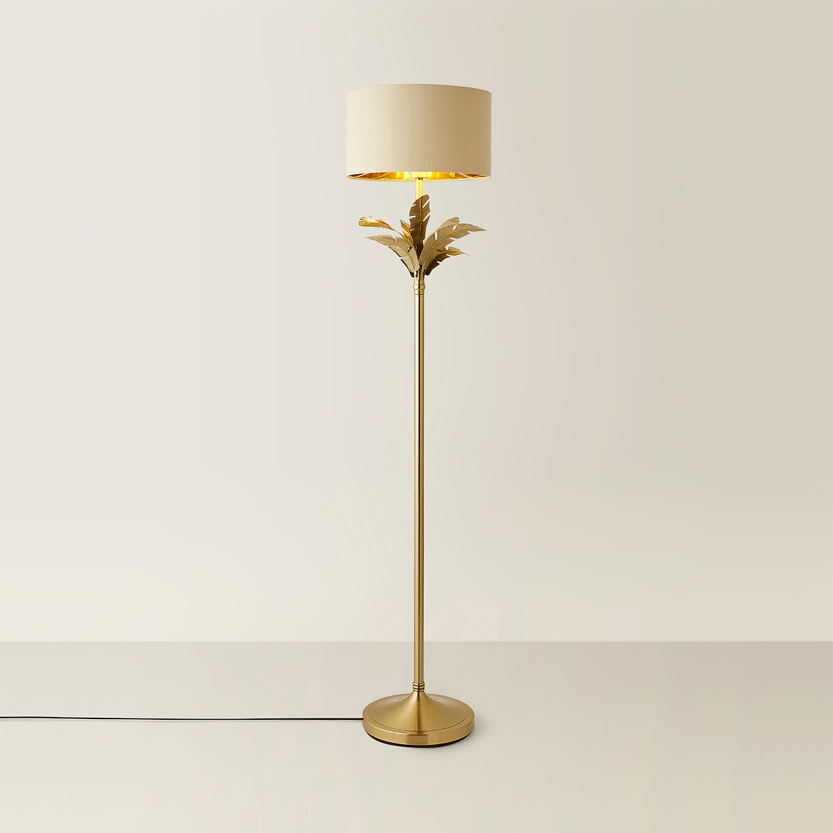 Chrissy Gold Palm Leaf Floor Lamp with Velvet Drum Shade gold-coloured, SO'HOME