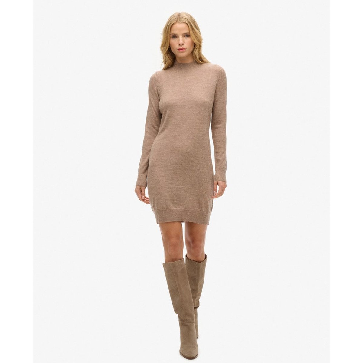 Robe en maille mérinos à manches longues bison chiné, SUPERDRY
