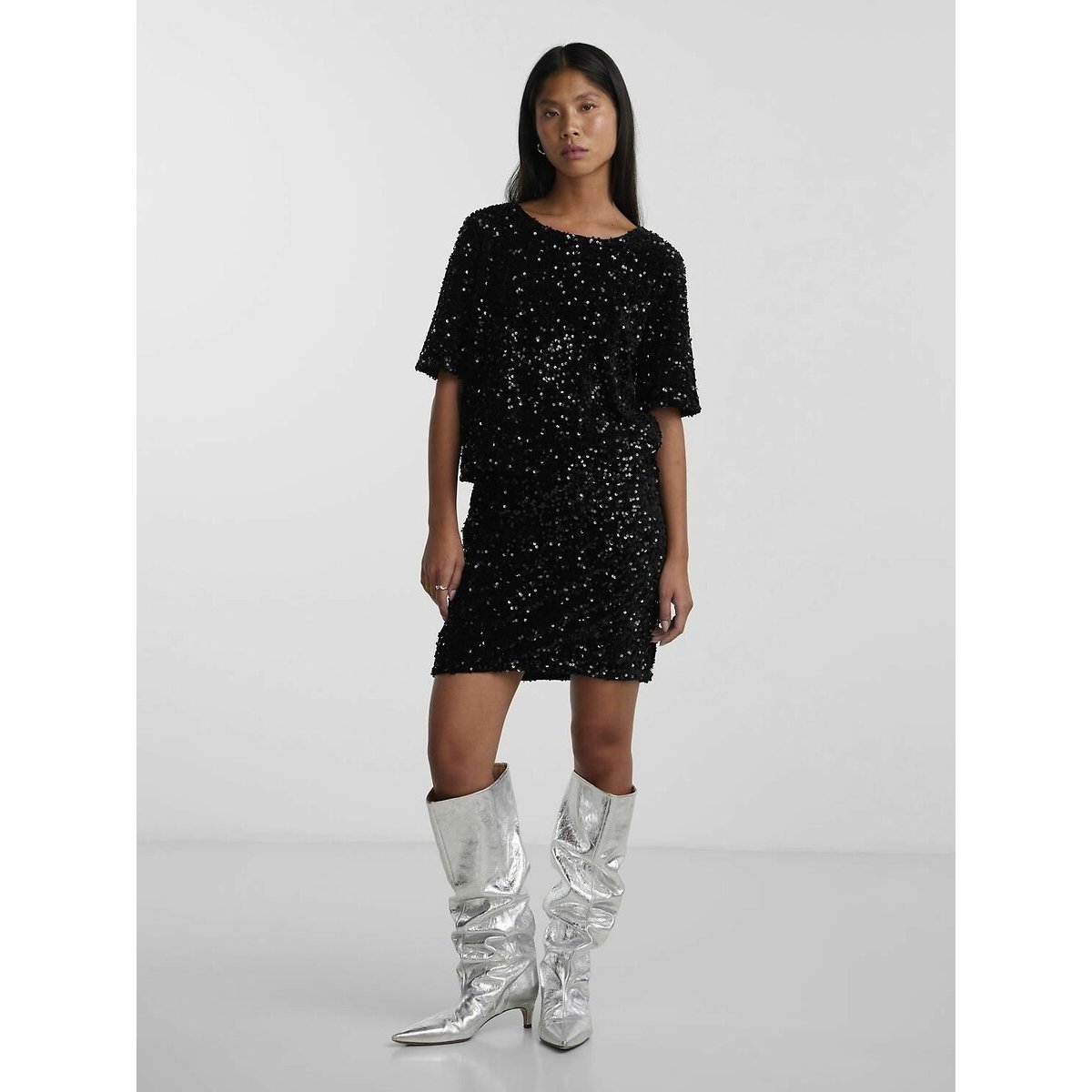 Sequined Short Sleeve Blouse black, PIECES