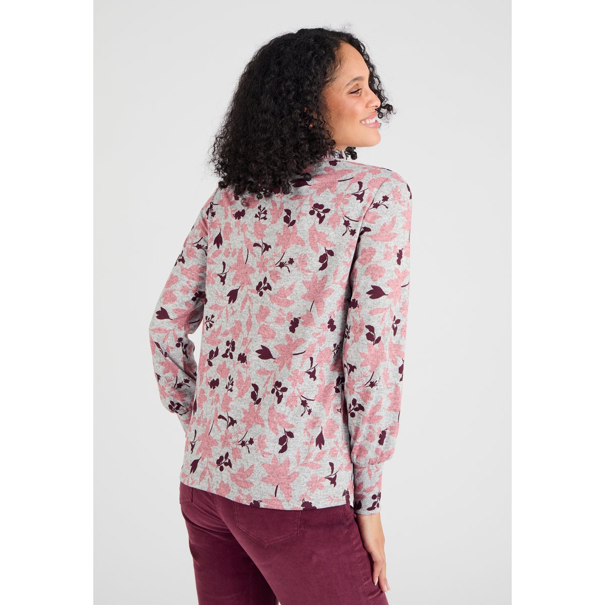 T-shirt col volanté maille chaude Thermolactyl rose feuillage, DAMART