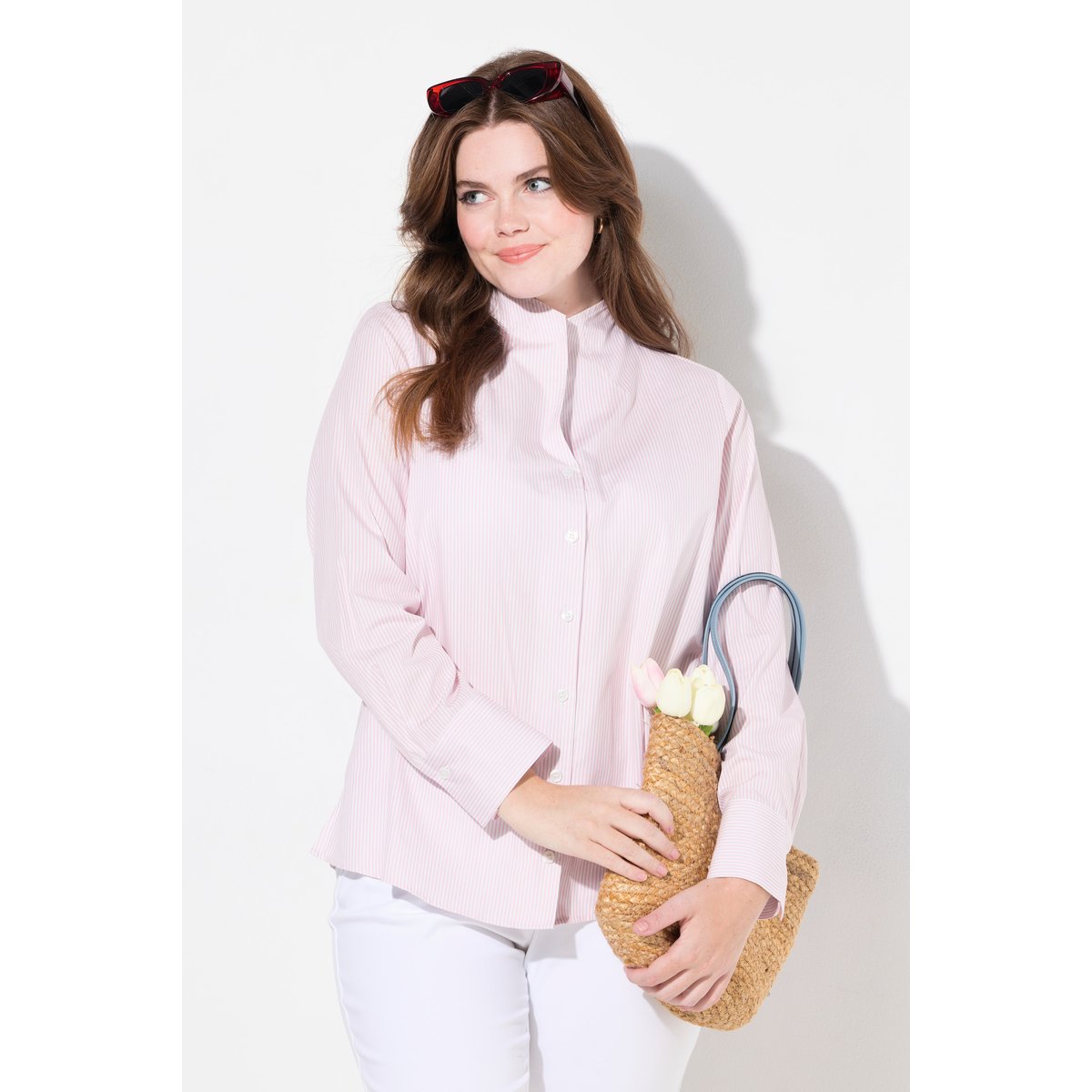 Chemisier rayé, col calice, manches longues rose tendre, ULLA POPKEN