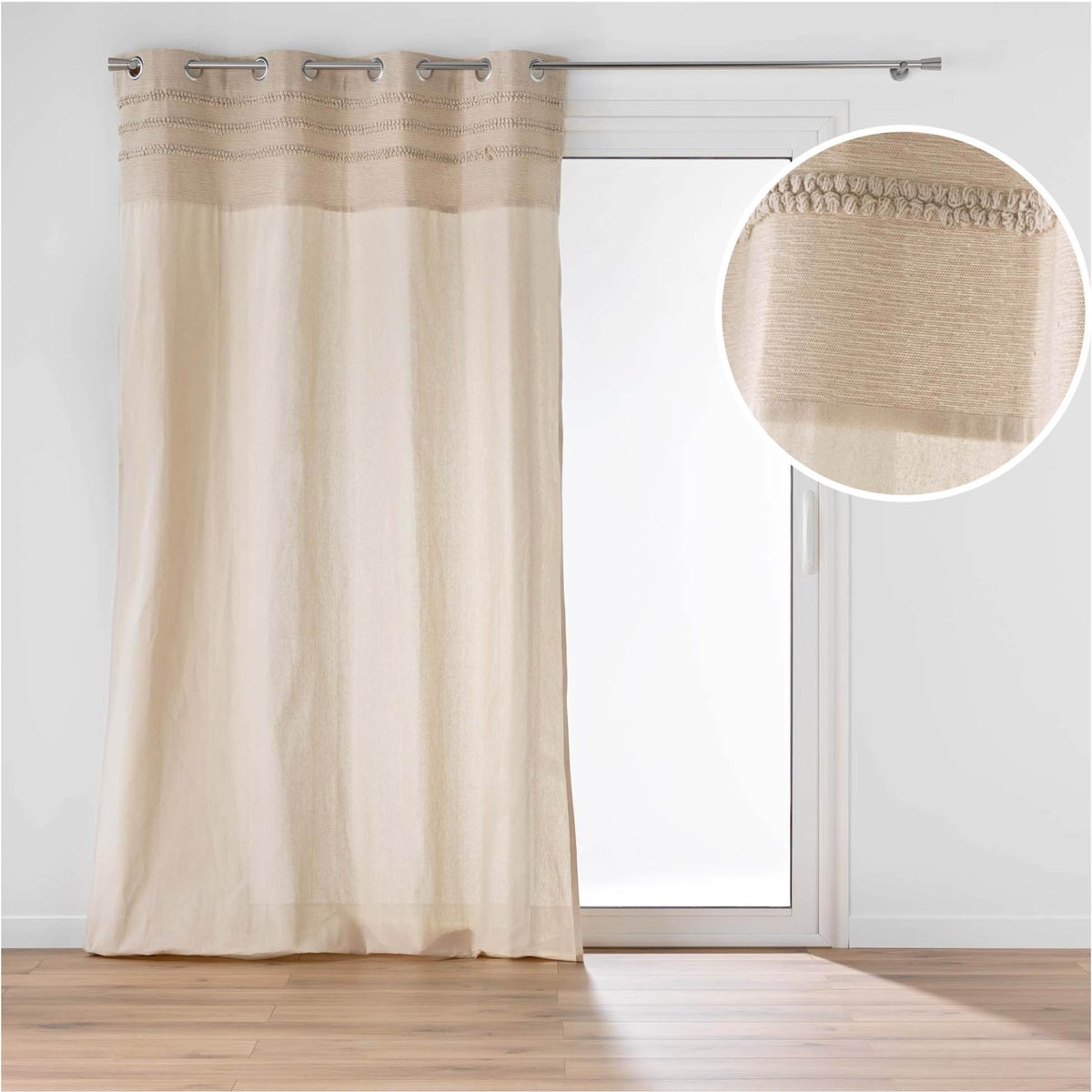 Rideau à œillets en poly-coton avec bande brodée naturel, DOUCEUR D'INTÉRIEUR