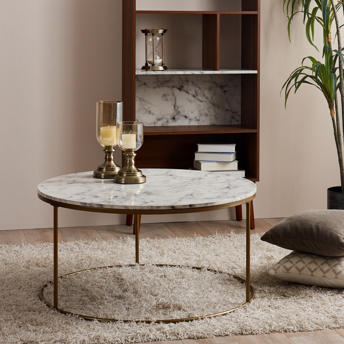 Grande table basse ronde effet marbre avec pieds dorés, Blanc, MARMO couleur unique, TEAMSON HOME