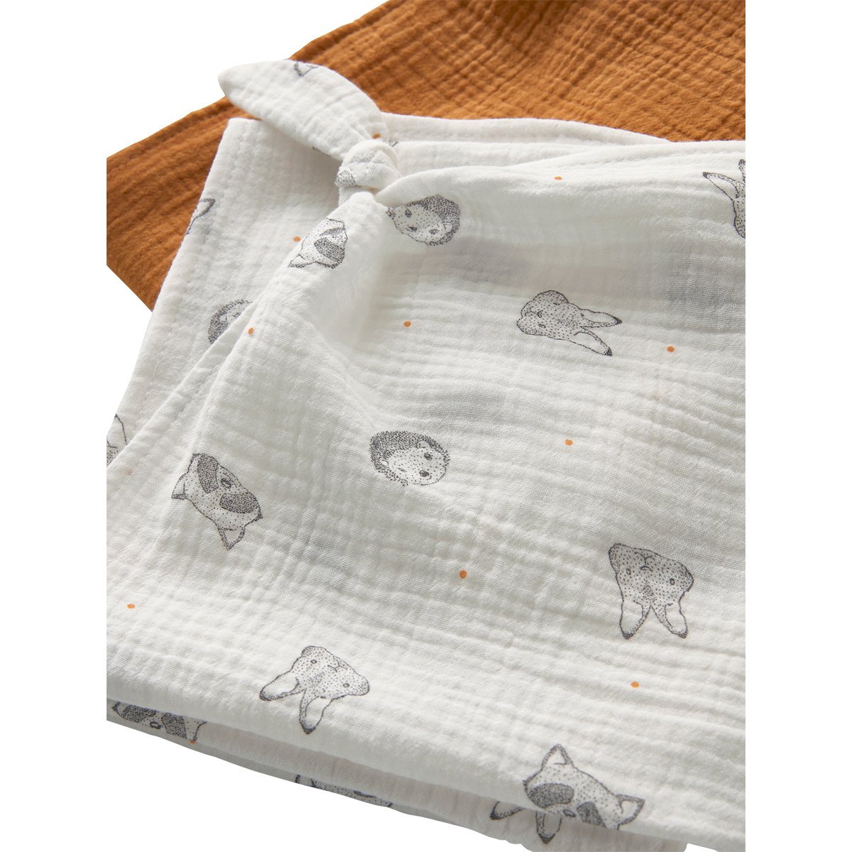 Lot de 3 langes JOUY STORY en gaze de coton bio* 2 écrus imprimés + 1 uni caramel, VERTBAUDET