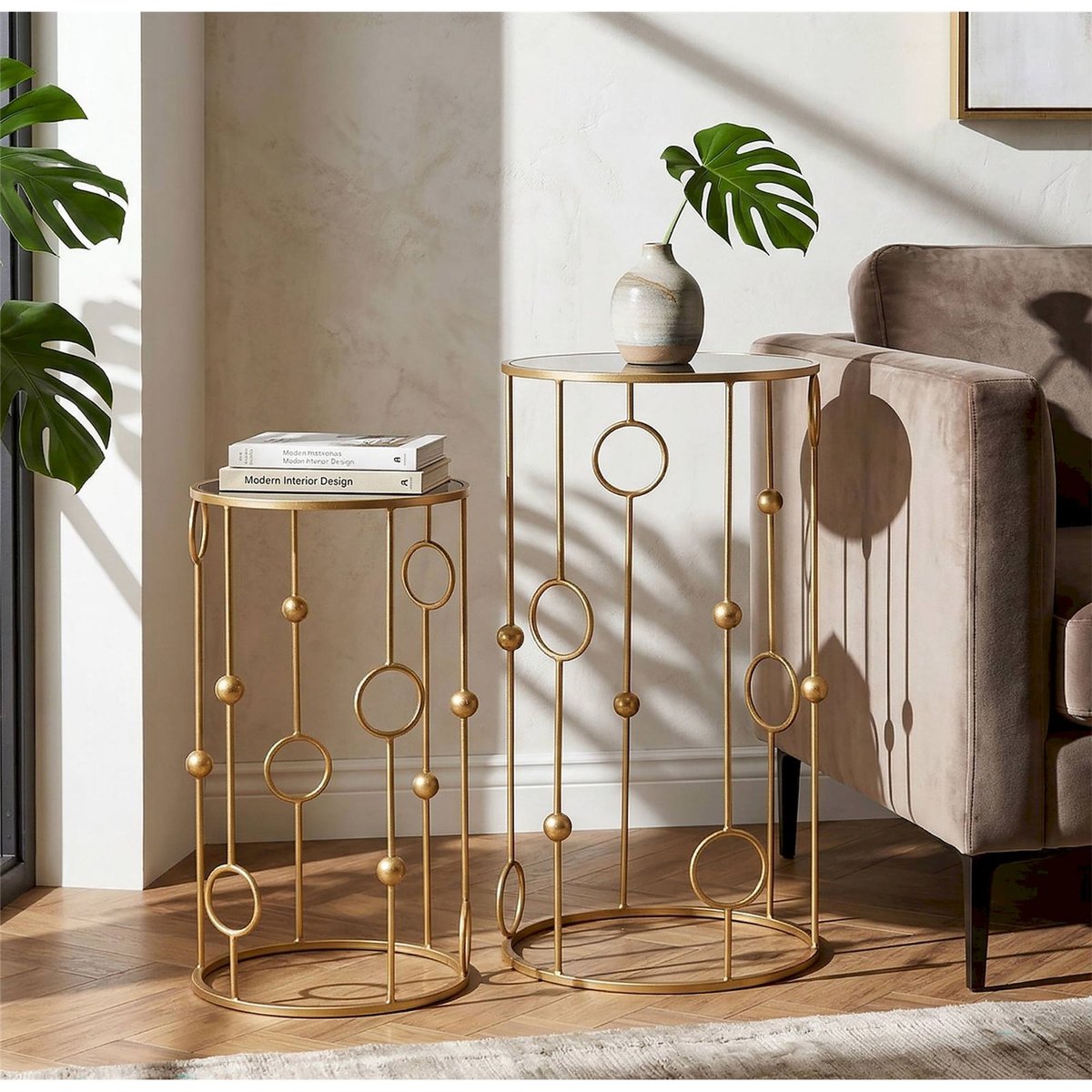 Lot de 2 tables plateau miroir GLAM doré et miroir fumé, RECOLLECTION