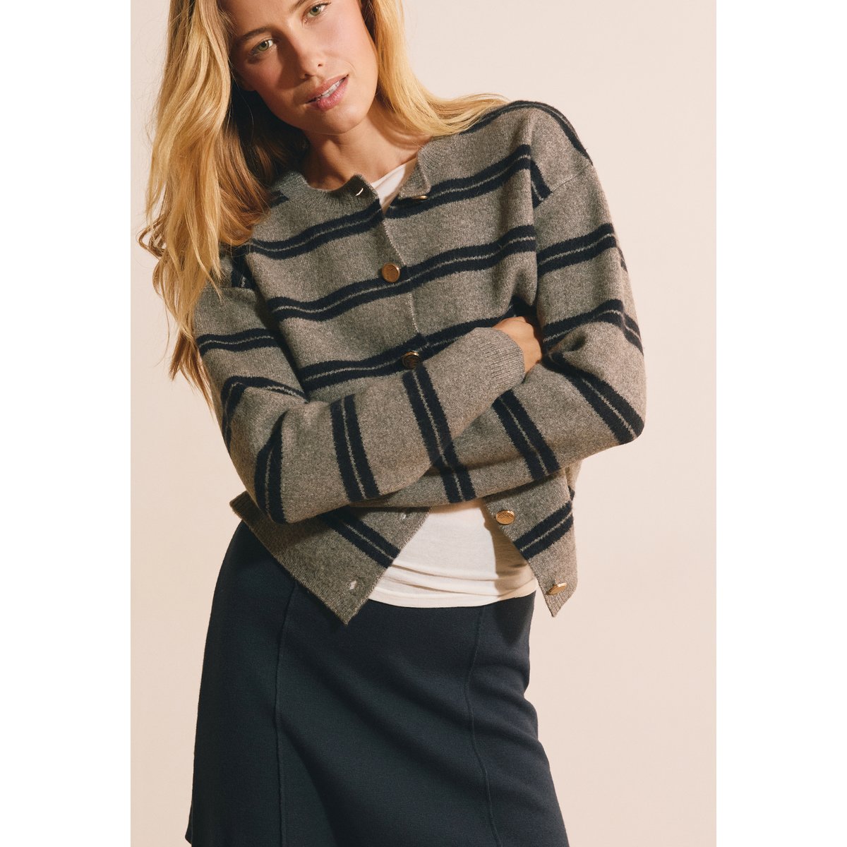 Pull manches longues à rayures avec détail bouton doré SILVER gris, ETAM