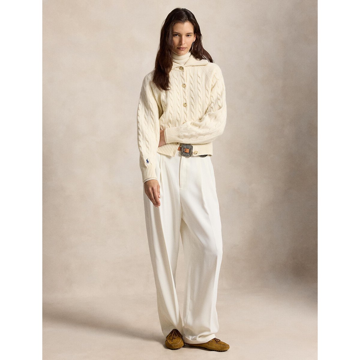 Cardigan à col polo torsadé en laine crème, POLO RALPH LAUREN