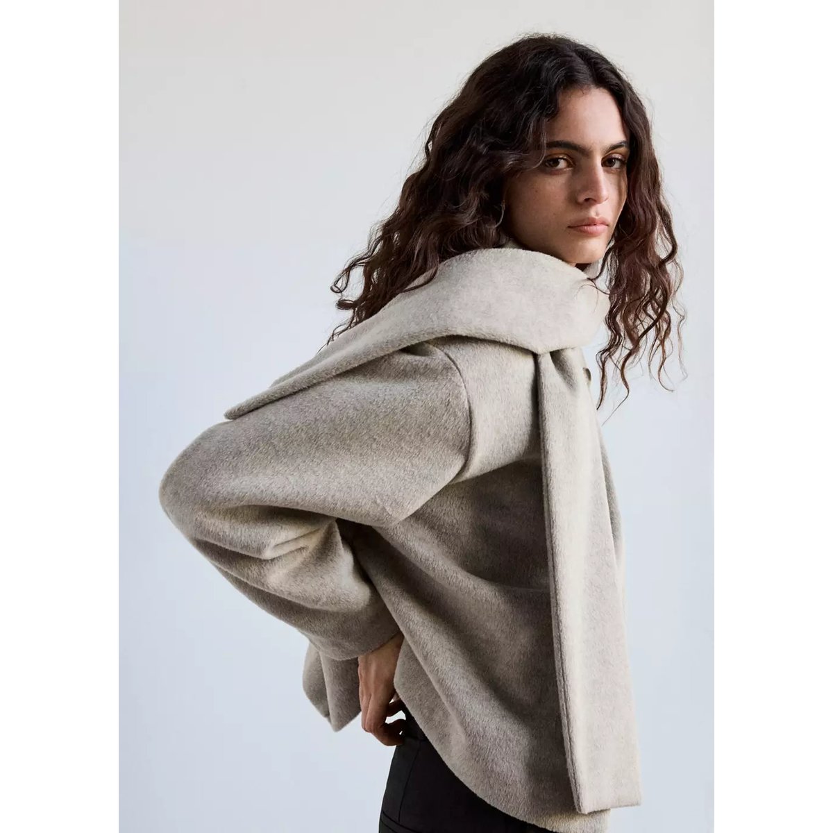 Veste en drap à col écharpe marron moyen, MANGO