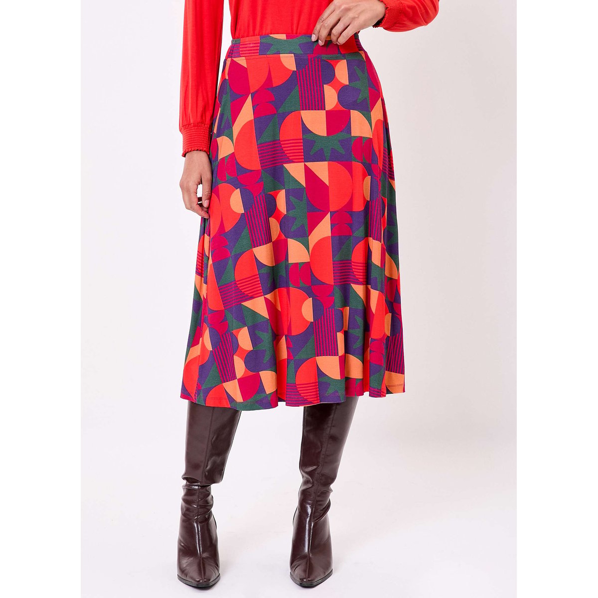 Jupe midi imprimée maille fluide évasée ELINA rouge violet caldera, PRINCESSE NOMADE