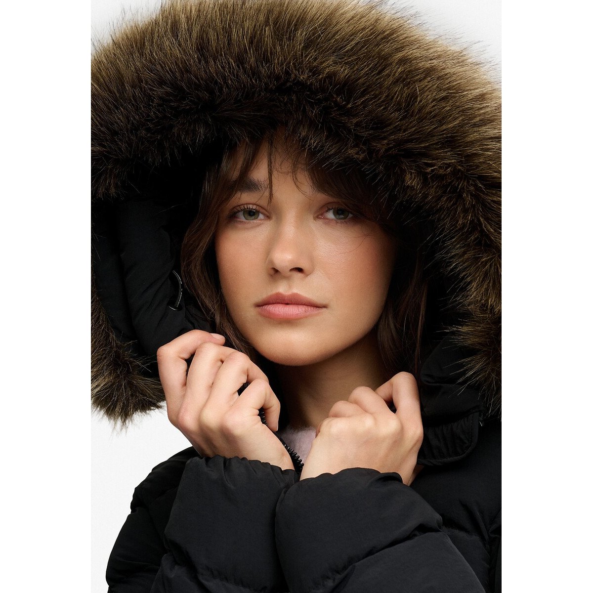Veste Fuji Longue à Capuche en imitation Fourrure noir, SUPERDRY