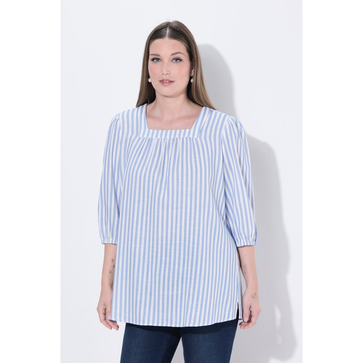 Blouse en lin mélangé à rayures bleu ciel, ULLA POPKEN